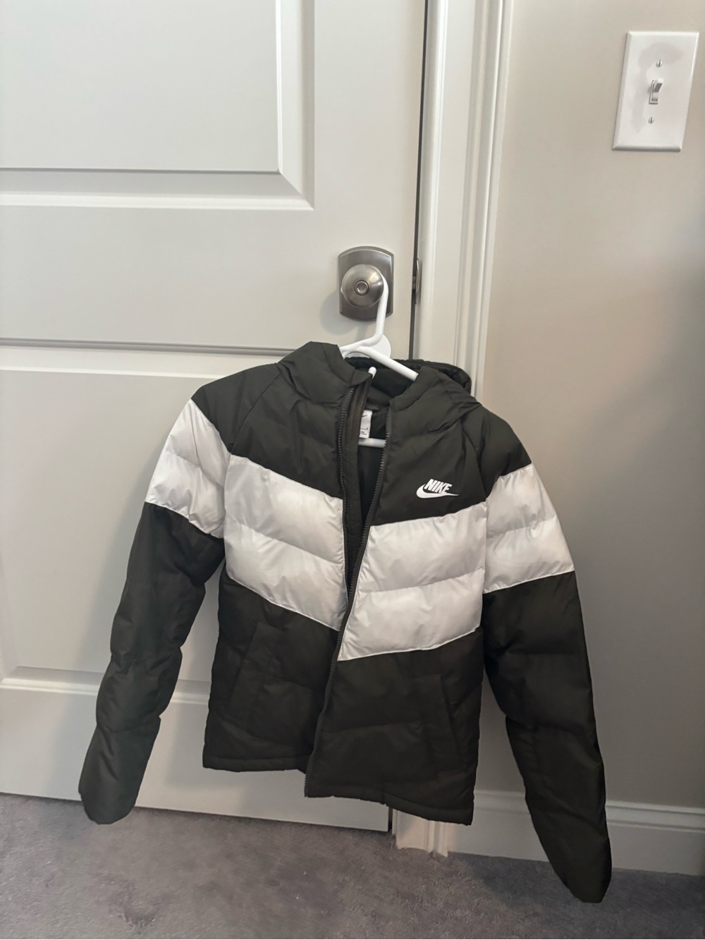 Nike Kids' Olive Green & White Puffer Jacket with Hood